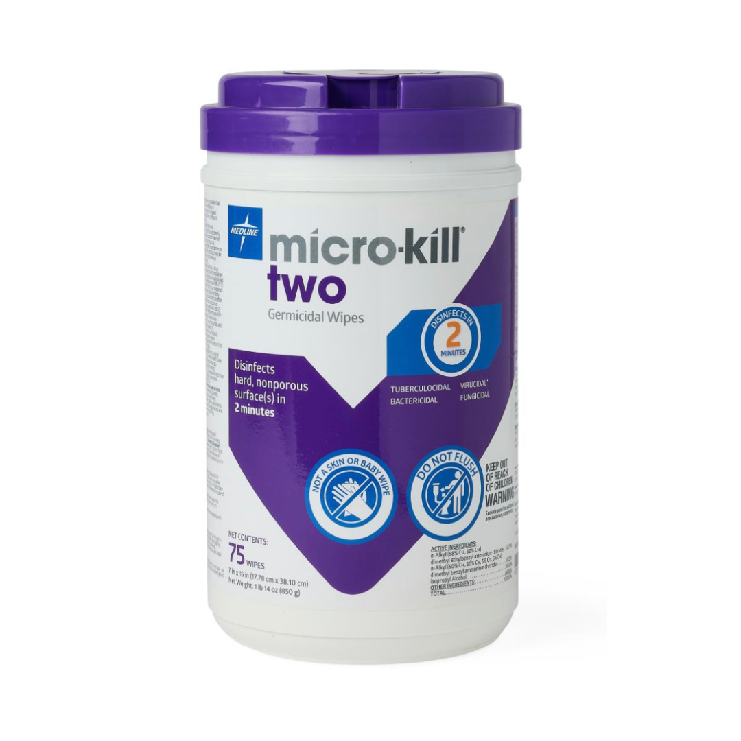 A white container of Micro-Kill Two Disinfectant Wipes with a purple lid and label holds 75 wipes, displays usage instructions and icons, disinfects surfaces in 2 minutes, and kills viruses on hard surfaces.
